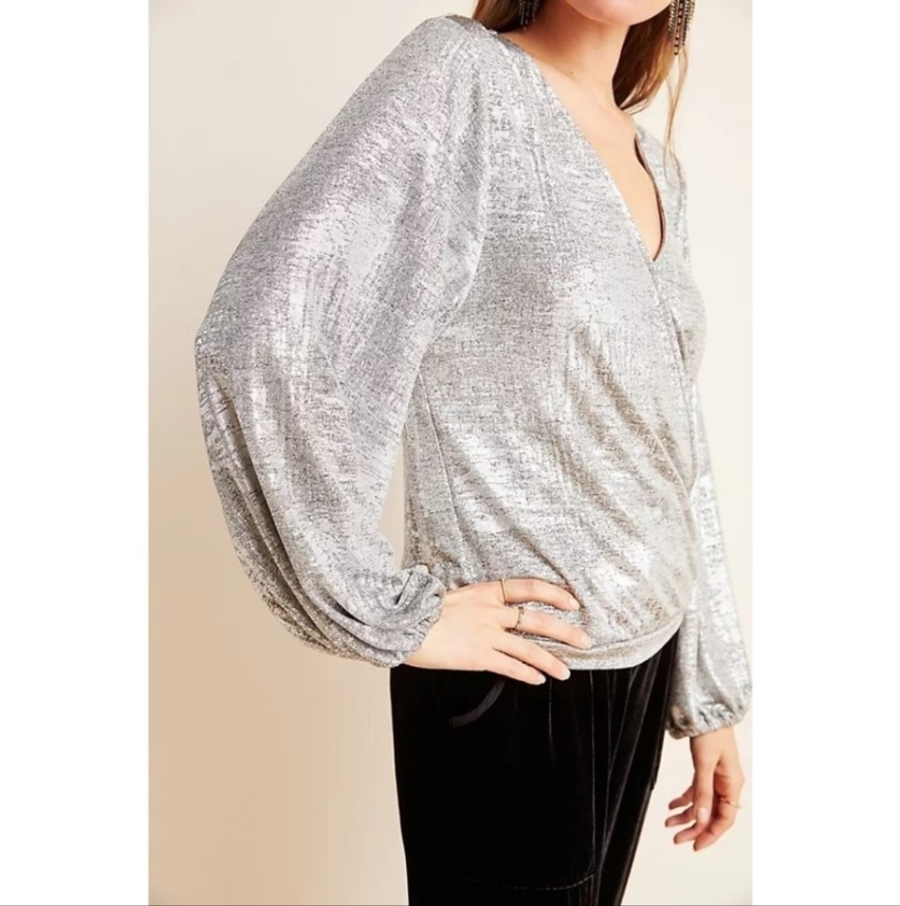 Anthropologie Metallic Gray Wrap Blouse